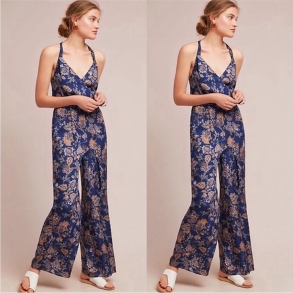 Anthropologie Blue and Gold Floral Jumpsuit - Picture 1 of 9